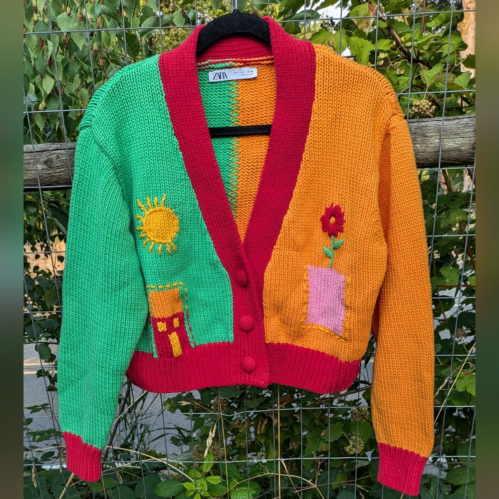 Cute Zara knit colorful moon house flower and sun sweater cotton cardigan